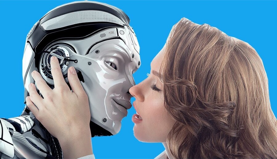 девушка целует робота