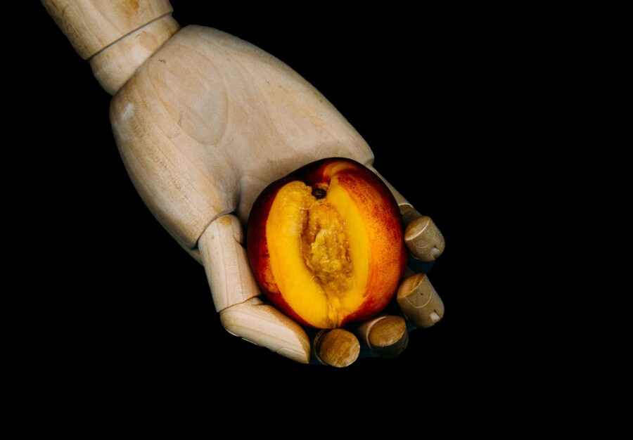 персик в деревянной руке