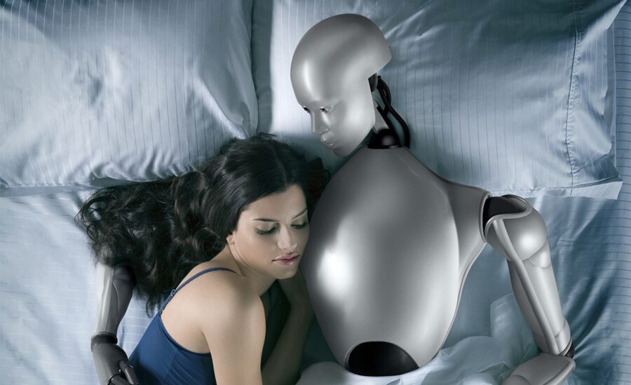 девушка в постели с роботом
